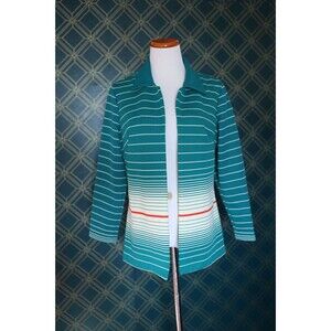Vintage 70s JC Penny Open Front Blazer Jacket Teal Stripe Pin Up Retro Dagger